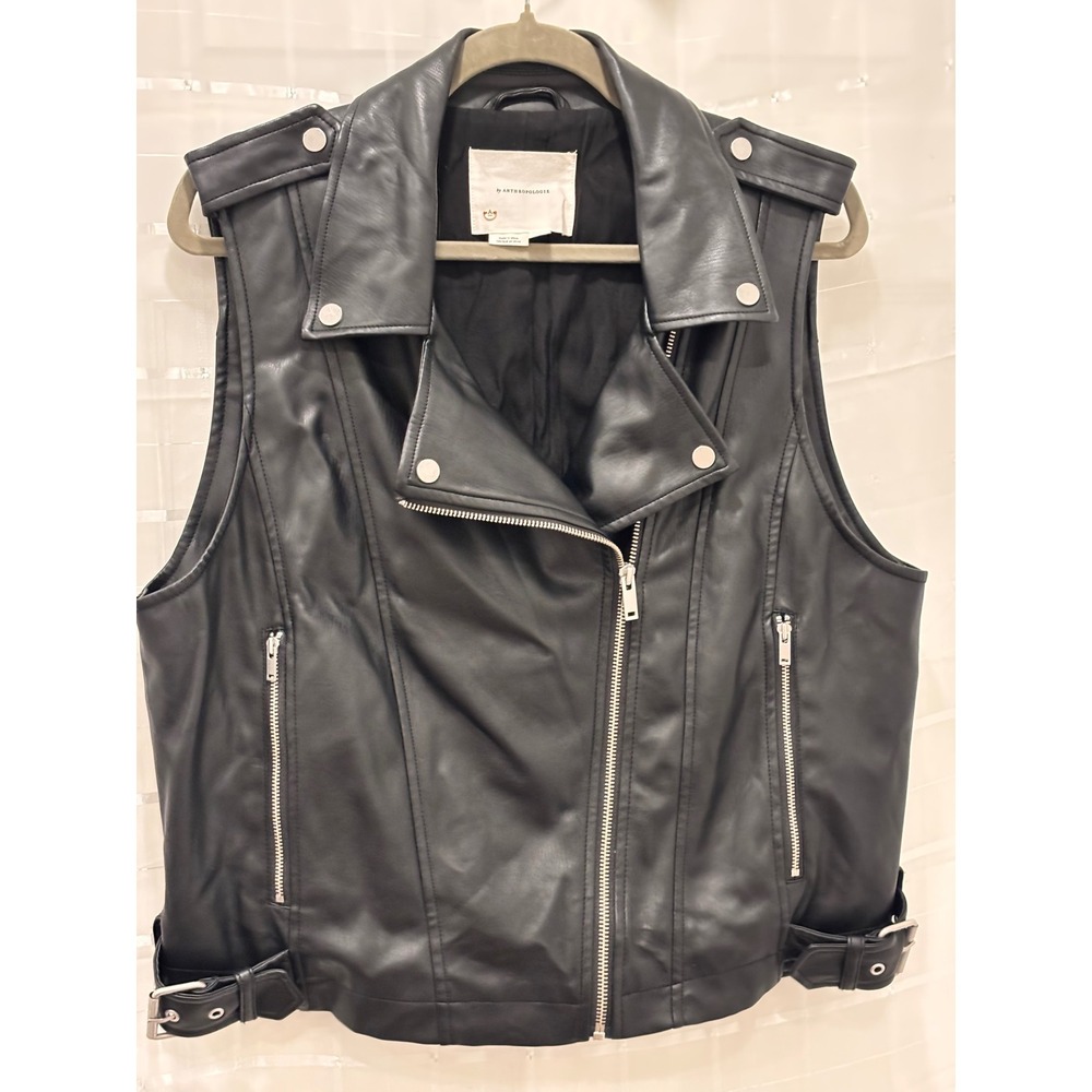 Anthropologie Black Faux Leather Moto Vest Asymmetrical Zip Biker Jacket XL